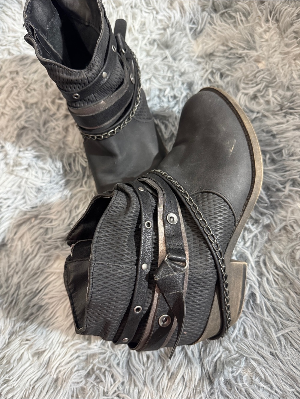 SO Black Textured Ankle Boots with Strap & Chain Detail